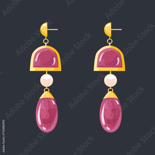 Gold Pink gemstone dangle earring on dark background. Golden and diamond pearl gemstones pendant vector illustration. Women's accessories
