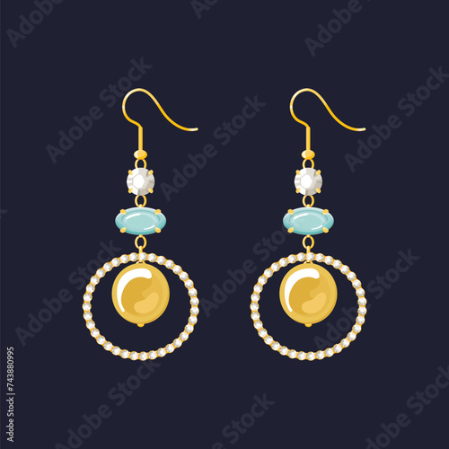 Long gold dangle earrings with sapphire, diamond and pearl isolated on dark background. Modern Trendy Women Accessories jewelry Vector illustration