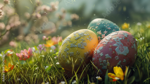 easter eggs in green grass meadow Close up Easter Bunny and colorful eggs Created with Generative. AI technology