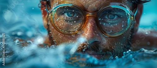 A bespectacled man submerges himself in the tranquil waters, his gaze fixed on the camera as he glides effortlessly through the underwater world
