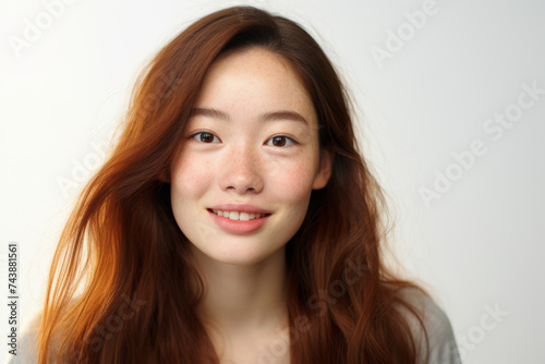Young Asian woman with clean fresh skin and nice freckles on white background with copy space