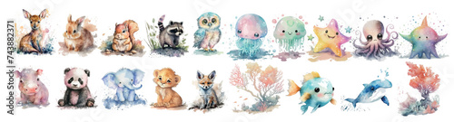 Watercolor Collection of Cute Animals and Sea Creatures, Artistic Illustrations for Children’s Books, Decor