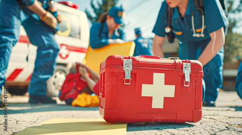 Emergency responders tend to an individual by an ambulance, with a prominent first aid kit in the foreground. © Kowit