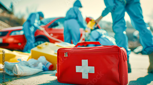 Emergency responders tend to an individual by an ambulance, with a prominent first aid kit in the foreground. photo