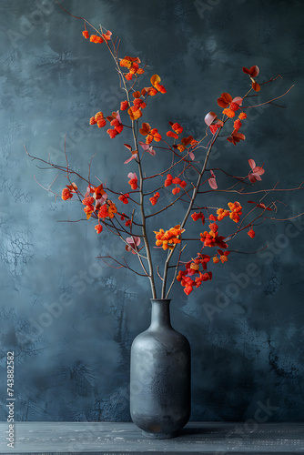 a vase with a red and orange bush sitting on the tabl photo