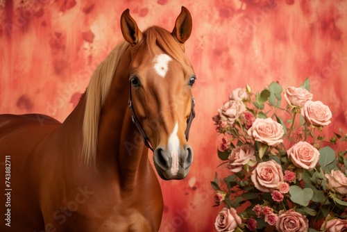 Close-up portrait of a stunning brown horse with a distinctive white blaze, gracefully positioned beside elegant pink roses on a serene backdrop, capturing a mesmerizing and peaceful scene.