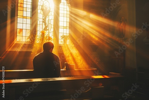 Ein Mann betet in einer Kirche und warmes Licht fällt durch das Kirchenfenster  photo