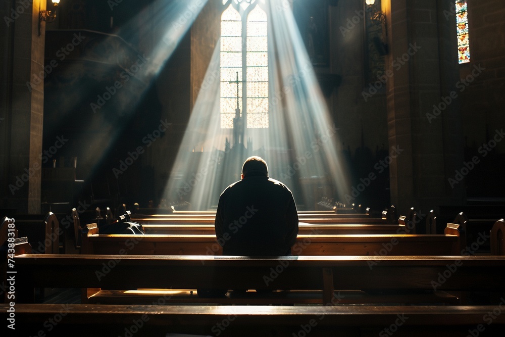 Ein Mann betet in einer Kirche und Lichtstrahlen dringen durch das Fenster - obrazy, fototapety, plakaty 