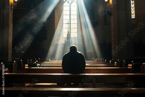 Ein Mann betet in einer Kirche und Lichtstrahlen dringen durch das Fenster