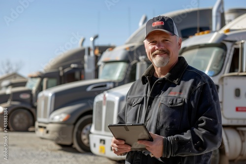 Happy Male trucking fleet manager holding a tablet standing in front of a line of truck trailers photo