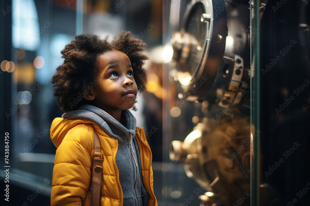 Curious smiling lovely child exploring a museum exhibit with wide eyes of wonder generative ai