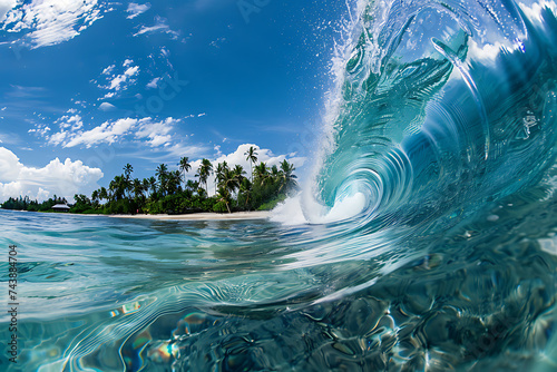 a wave making a huge wave against the blue of the oce photo