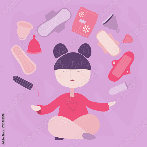A simple image depicting a meditating woman in home clothes, surrounded by feminine hygiene products in pink and lilac colours 