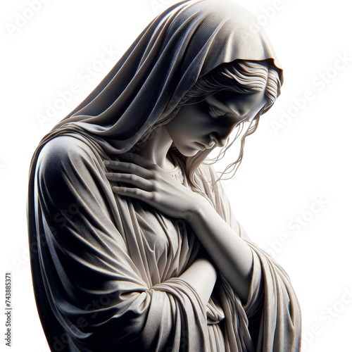 A statue of a woman with her arms crossed and her head bowed. The statue conveys a sense of sadness and contemplation,good friday.