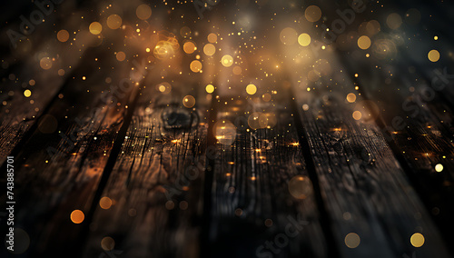 a wooden floor with bokeh lights in the style of dark photo