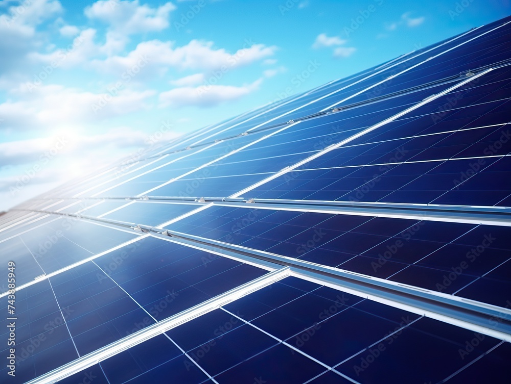 Solar panels glowing in sun's rays against blue sky background Solar panels glowing in sun's rays against blue sky background