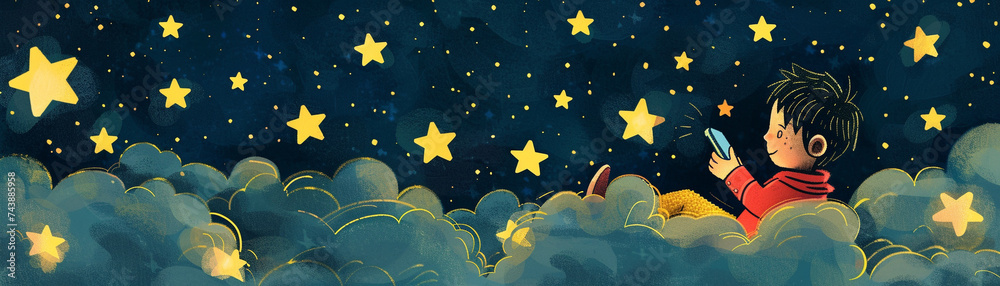 A whimsical illustration of a kid with a phone surrounded by twinkling stars in the night sky A whimsical illustration of a kid with a phone surrounded by twinkling stars in the night sky