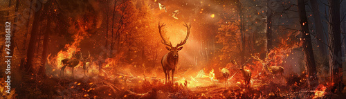 An otherworldly fusion of fire and forest elements with wild animals seamlessly integrated into the mesmerizing backdrop © Bordinthorn