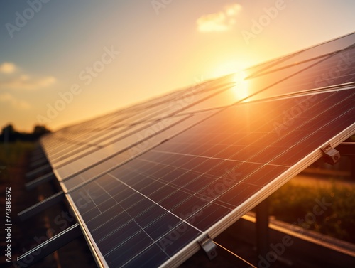 Close-up of solar panels in the glow of dawn  symbolizing alternative energy sources
