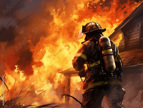 Brave firefighter in action putting out house fire with heroic determination