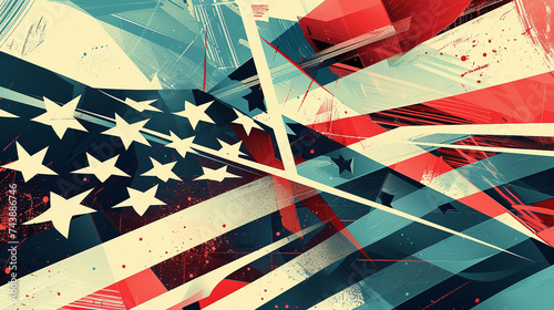 Design an illustration featuring the American flag as a focal point blending traditional and modern elements to create a visually striking composition