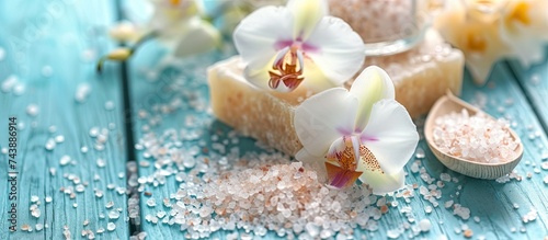 A detailed view of a sea salt soap and an orchid flower placed side by side on a blue wooden table, in the context of a spa treatment.