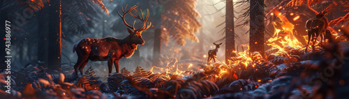 Utilize 3D animation to bring to life a unique scene of wild animals and fire in a mesmerizing way