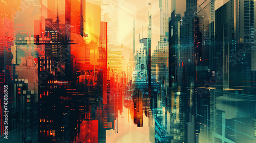 Urban cityscape with a futuristic twist illustrated by a digital artist using bold colors and geometric shapes photo