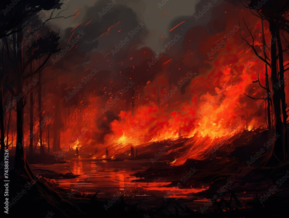 Raging forest fire with bright flames and smoke engulfing the trees