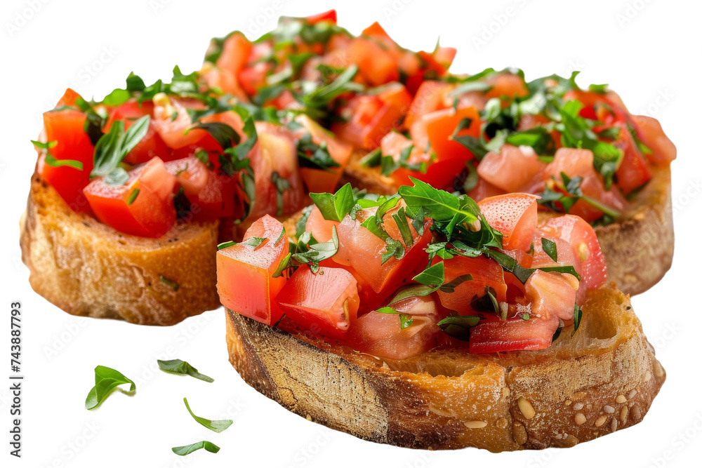 Herbal Tomato Sandwich. Two slices of bread are topped with fresh tomatoes and a variety of herbs. The sandwich is neatly arranged on a white plate, ready to be enjoyed.