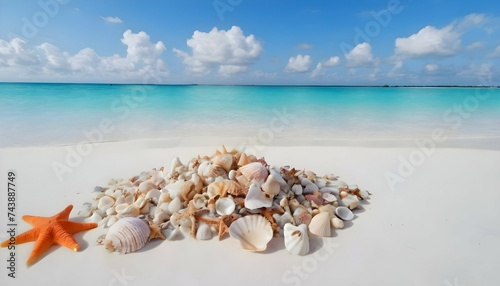 Shells on the beach. Tropical sea. Coconut palm.