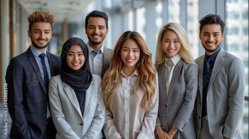 group of young confident and handsome businessmen with a friendly smile and young bueatiful businesswomen with a friendly smile, standing together.