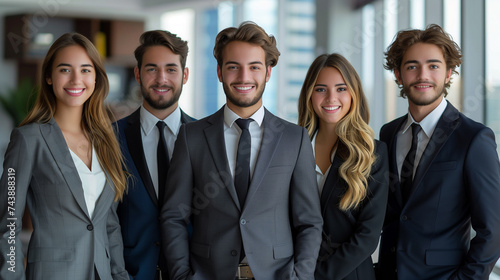 group of young confident and handsome businessmen with a friendly smile and young bueatiful businesswomen with a friendly smile, standing together.