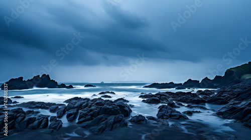 Moody seascape with dramatic sky and rugged coastline © thodonal