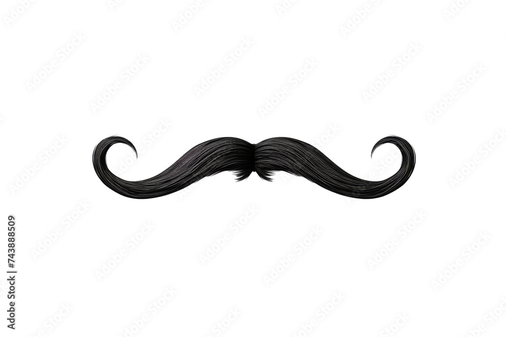 Black Moustache. The moustache is detailed with a curved shape and a defined outline, adding a classic touch to the white space. On PNG Transparent Clear Background.
