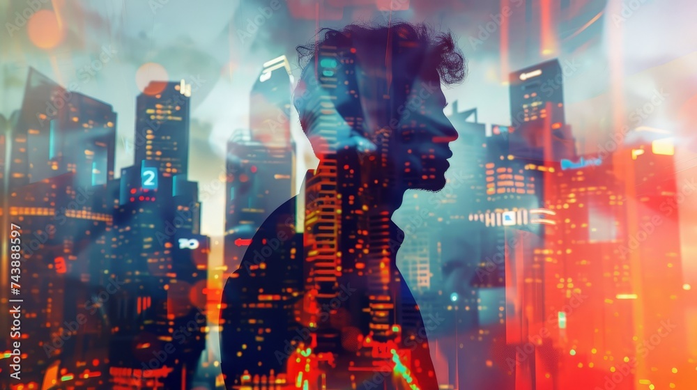 Fototapeta premium Double explosure with businesss charts and financial district of megapolis city, Double exposure of businessman cityscape and financial graph on blurred building background,