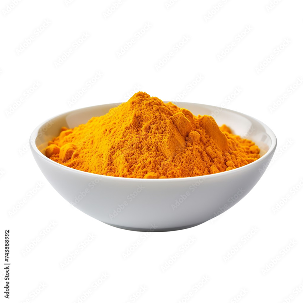 Turmeric powder in a bowl isolated on transparent background. Top view. Turmeric powder in a bowl isolated on transparent background. Top view.