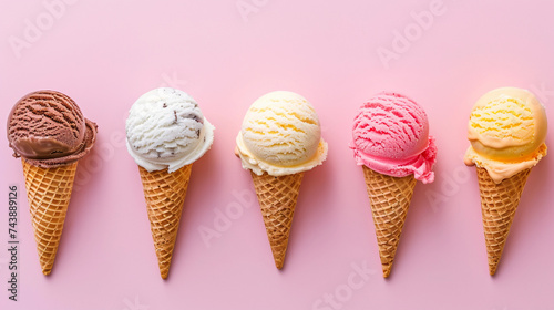 Five ice cream cones lined up in a row, showcasing different flavors and toppings, against a plain background.