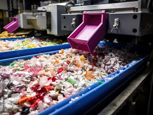 Plastic recycling machines transforming collected plastic into tiny pellets