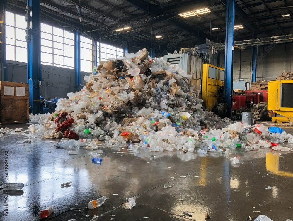 Plastic waste recycling area with modern technologies and equipment