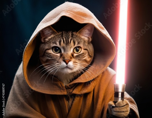 Funny cat in clothes and with a glowing sword, cute pet for background, poster, print, design card, banner, flyer