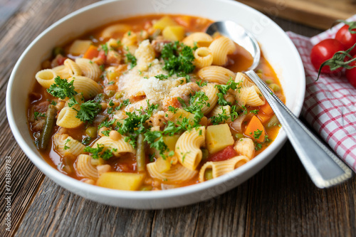 Fresh cookd minestrone on a plate