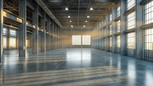 Concrete floors inside industrial buildings Used as a large factory, warehouse and steel structure with free space.