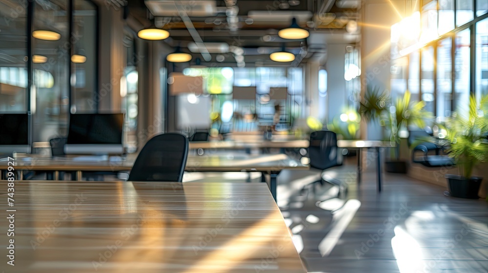 Blurred empty open space office. Abstract light bokeh at office interior background for design - generative ai