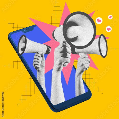 Принти на полотні Hands with three megaphones stacking out phone screen symbolizing importance and relevance of usage social media for bran promotion