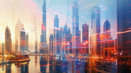 Dubai Universal finance abstract background Economic Trading growth graph chart on futuristic city. Double exposure.