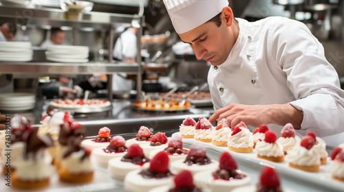 Chef finalizing a dessert in a hotel or restaurant's kitchen