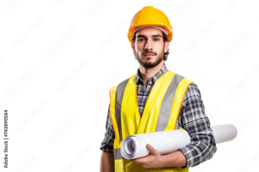 Smart young engineer building or constructor worker with safety uniform, vest and safety hat isolated on white background, planning project. Smart young engineer building or constructor worker with safety uniform, vest and safety hat isolated on white background, planning project.