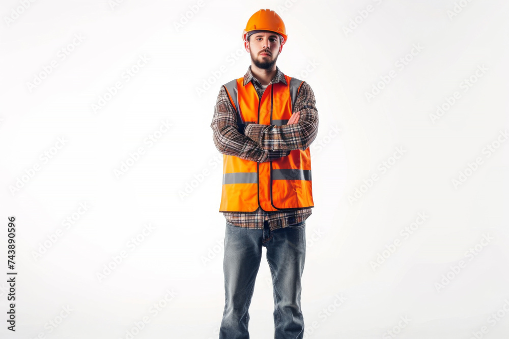 Smart young engineer building or constructor worker with safety uniform, vest and safety hat isolated on white background, planning project. Smart young engineer building or constructor worker with safety uniform, vest and safety hat isolated on white background, planning project.