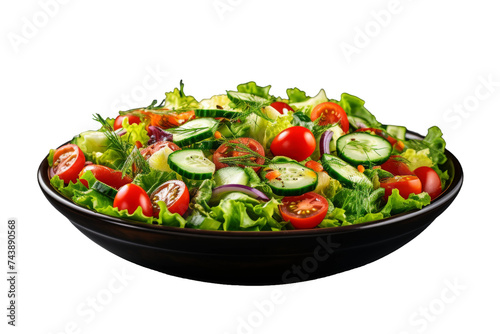Fresh Salad With Cucumbers and Tomatoes in Black Bowl. A black bowl filled with a vibrant salad consisting of sliced cucumbers and cherry tomatoes. 